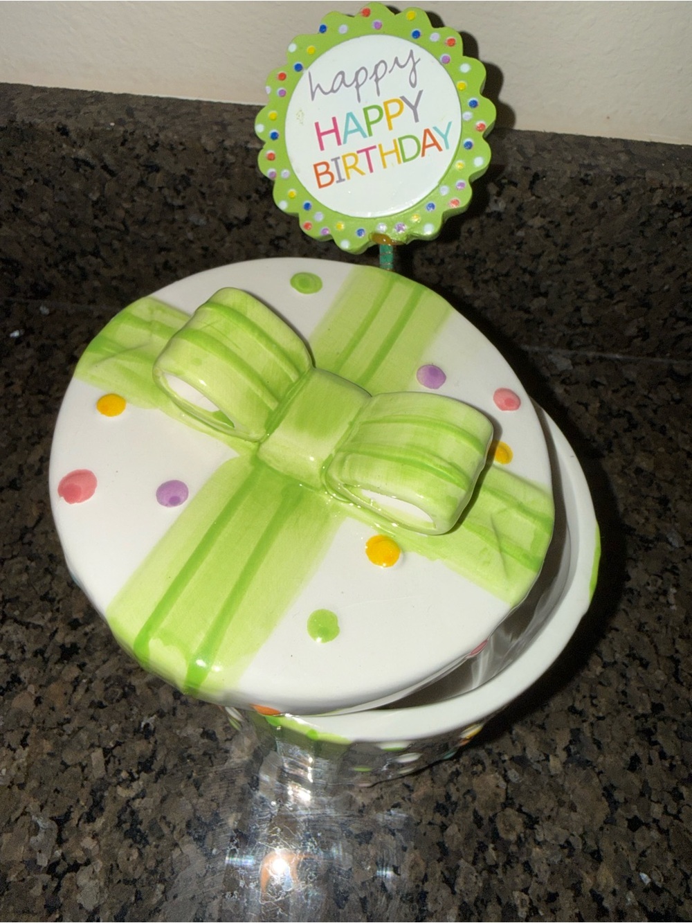 Happy Birthday Ceramic Gift Treat Jar - Green Polka Dot - Picture 2 of 3